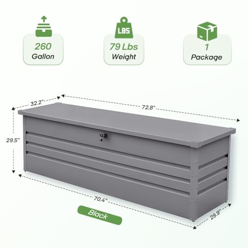 260 Gallon Metal Outdoor Deck Box, Waterproof Extra Large Patio Storage Box with Lockable Lid for Cushions, Pool Accessories, Garden Tools (Light Gray)