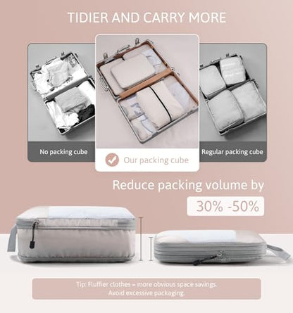 Meowoo 7 Set Compression Packing Cubes for Travel, Durable Ripstop Mesh Suitcase Organizer with Shoe Bag, Ultralight & Expandable Space Saver Travel Cubes - color: Beige