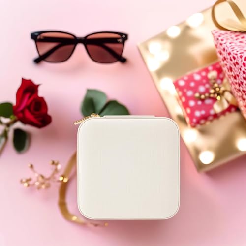 Vlando Small Travel Jewelry Box Organizer - Mirrored Carry-on Jewelries Necklaces Rings Earrings Necklace Storage Case, Beige - color: a. Beige