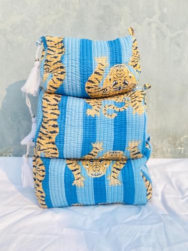 YILLE Set of 3 Pieces Block Printed Travel Organizer Kit Storage Bag for Women Makeup Bag Travel Cosmetic Bag (Turquoise Fat Tiger) - color: Turquoise Fat Tiger