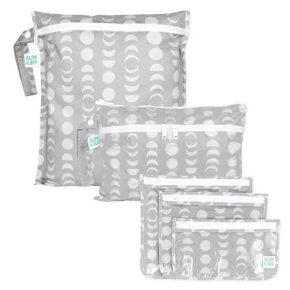 Bumkins - Waterproof Wet Bag, Wet/Dry Clutch & Clear Travel Bags - For Beach, Baby, Travel, Cloth Diapers, Pump Parts, Pool, Gym, Toiletries - Reusable & Easy to Clean - Lunar Gray - 5 Pack - color: A7 Lunar Gray 5pc