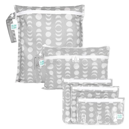 Bumkins - Waterproof Wet Bag, Wet/Dry Clutch & Clear Travel Bags - For Beach, Baby, Travel, Cloth Diapers, Pump Parts, Pool, Gym, Toiletries - Reusable & Easy to Clean - Lunar Gray - 5 Pack - color: A7 Lunar Gray 5pc