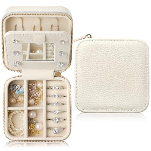 Genuine Leather Travel Jewelry Case Organizer with Mirror for Women, Small Jewelry Box Portable Mini Jewelry Case for Earring, Ring, Necklace, Bracelet（Lychee Grain Ivory White） - color: Lychee Grain Leather Ivory White