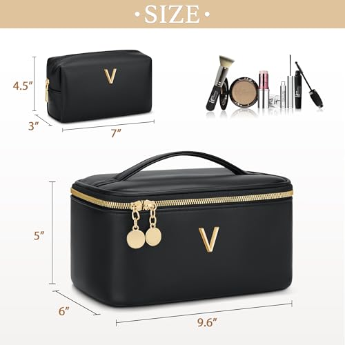 Personalized Initial Makeup Bag Gifts for Women, Large Travel Cosmetic Organizer with Handle & Divider, PU Leather Toiletry Bag for Girls, Birthday Bridesmaid Gift Set - Black - A - color: Black, style: A