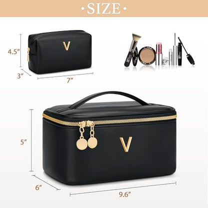 Personalized Initial Makeup Bag Gifts for Women, Large Travel Cosmetic Organizer with Handle & Divider, PU Leather Toiletry Bag for Girls, Birthday Bridesmaid Gift Set - Black - A - color: Black, style: A