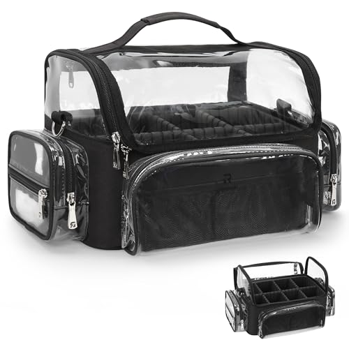 Makeup Brush Bag, Makeup Brush Case for Makeup Artist with Plastic Dividers Washable, Portable Travel Makeup Train Case with Clear Waterproof Cover for Easy to Clean and Find with Adjustable Strap - color: Clear+Black