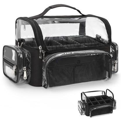 Makeup Brush Bag, Makeup Brush Case for Makeup Artist with Plastic Dividers Washable, Portable Travel Makeup Train Case with Clear Waterproof Cover for Easy to Clean and Find with Adjustable Strap - color: Clear+Black