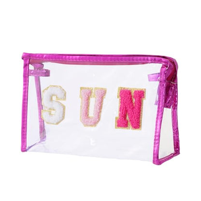 Clear Preppy Patch Cosmetic Bag, Sun Chenille Letter Bag for Beach, Clear Travel Pouch with Zipper, Small Toiletry Bag for Women Girls Teens Gift (Rose Red) - color: Rose Red