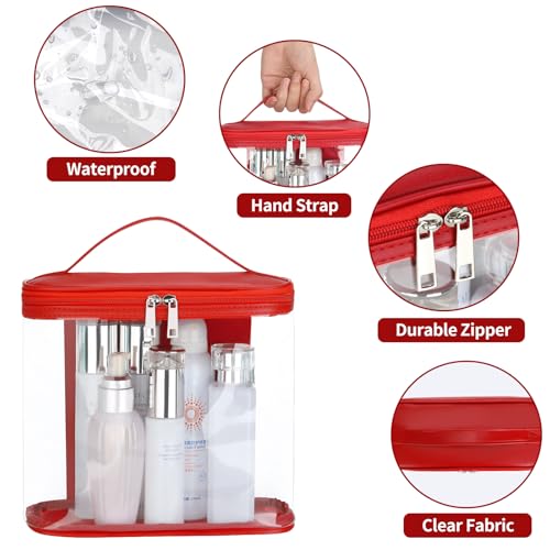 HAOGUAGUA Heavy Duty Leak Proof Clear Travel Bags for Toiletries, Transparent Makeup Cosmetic Bag with Zipper and Handle (1PCS RED, Large) - color: 1PCS RED