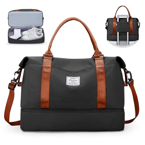 Travel Duffel Bag with Shoes Compartment, Overnight Weekender Bags for Women,Carry on Personal Item Bag，Extra Large - color: A-Black & Brown, size: Extra Large