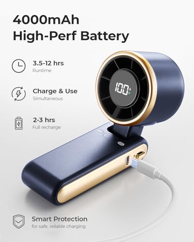 Portable Handheld Turbo Fan - 5 Gear High Speed 4000mAh Rechargeable Mini Personal Hand Fan Blow Cold Air, Battery Operated Travel Essentials, Beach Vacation, Gifts for Women, Men (Navy Blue) - color: Navy Blue