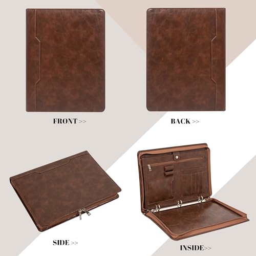 Professional 3-Ring Portfolio Organizer A4 Padfolio with Zipper, Premium PU Leather Business Planner Folder for Resume, Interview, Office, and Travel – Dark Brown - color: Brown