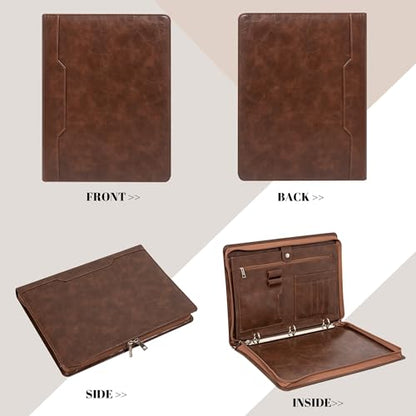 Professional 3-Ring Portfolio Organizer A4 Padfolio with Zipper, Premium PU Leather Business Planner Folder for Resume, Interview, Office, and Travel – Dark Brown - color: Brown