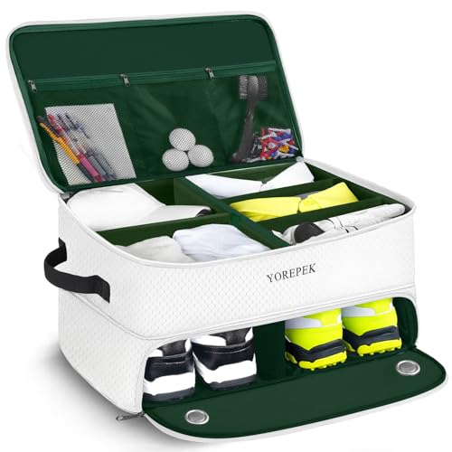 YOREPEK 2 Layer Golf Trunk Organizer, Golf Gifts for Men with Separate Ventilated Compartment for 2 Pair Shoes, Waterproof Car Trunk Locker for Balls, Tees, Clothes, Gloves, Gifts for Golfers - color: Standard-White