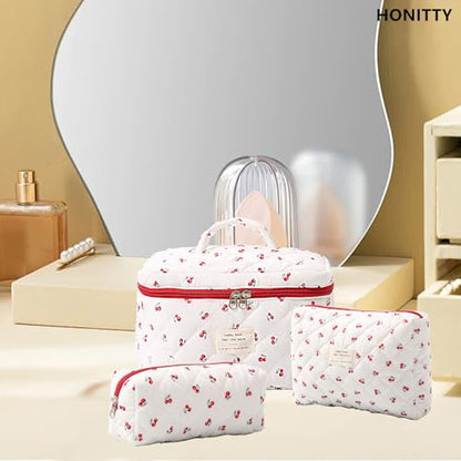 honitty Makeup Bag,Quilted Cosmetic Bags,Large Floral Make Up Organize bag,Makeup Bag Set for Women,Flower Travel Toiletry Bag - color: Cherry-2