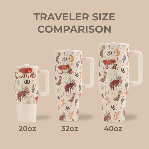 HydroJug Traveler - 40 oz Water Bottle with Handle & Flip Straw - Fits in Cup Holder, Leak Resistant Tumbler-Reusable Insulated Stainless Steel & Rubber Base - Gifts for Women & Men, Rodeo - color: Rodeo, size: 40oz