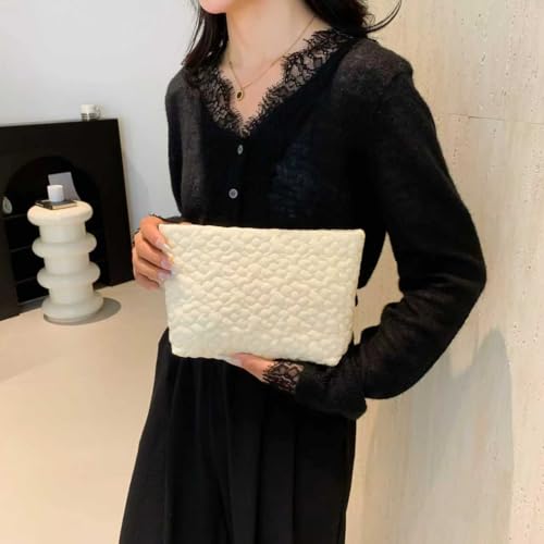 Puffy Quilted Makeup Bag, Cosmetic Bag, Travel Toiletry Organizer Pouch, Clutch for Wom (White Flower) - color: White Flower