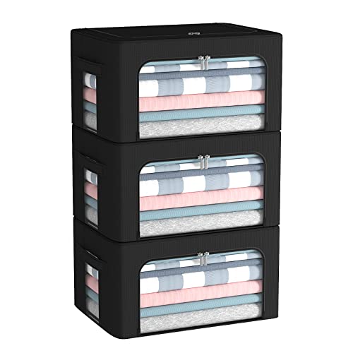 CYhom 3Pack Frame Storage Box - Clothes Storage Bin Bags Oxford Fabric Foldable Stackable Container Organizer Set with Clear Window & Carry Handles (Black, Small-22L) - color: Black, size: Small-22L