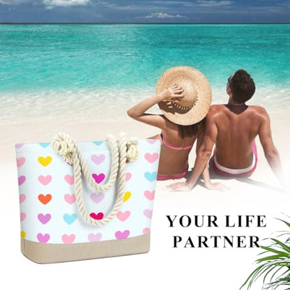 Fokongna Tote Bag For Women, Beach Bag Best Friend Travel Birthday Gifts, Travel Parties Vacation Shopping Essentials - color: Pastel Hearts Print