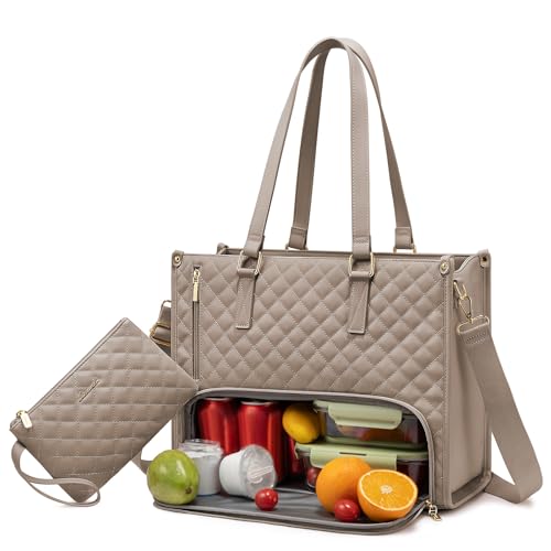LOVEVOOK Lunch Tote Bag for Women, 15.6 Inch Laptop Bag with Insulated Lunch Compartment, Quilted Large Capacity Computer Handbag with Purse for Business, Work, Collage, Office, Casual, Clay pink - color: Clay Pink, size: 15.6 Inch