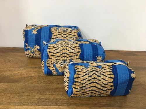 YILLE Set of 3 Pieces Block Printed Travel Organizer Kit Storage Bag for Women Makeup Bag Travel Cosmetic Bag (Blue Fat Tiger) - color: Blue Fat Tiger