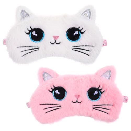 Kids Sleep Mask, 2 Pcs Cute Cat Sleeping Eye Mask Soft Plush Girls Sleep Masks Comfortable Funny Animal Night Eye Masks for Sleeping Blindfold Eye-Cover for Women Girls Home Travel (Pink, White) - color: White, Pink, style: Cat