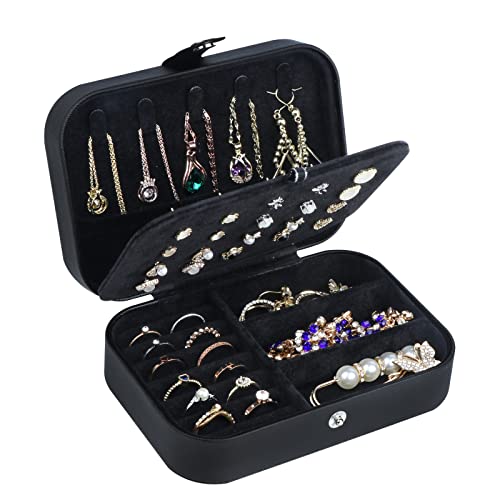 Hatori Travel Jewelry Box, PU Leather Small Jewelry Organizer for Women Girls, Double Layer Portable Mini Travel Case Display Storage Holder Boxes for Stud Earrings, Rings (Black02) - color: Black02
