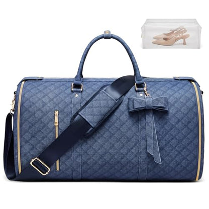 Garment Bags for Travel, Convertible Suit Travel Bag for Women, Stylish Carry On Garment Bag with Toiletry Pocket, Shoulder Strap & Shoes Compartment, 2 in 1 Foldable PU Leather Duffle Bag, Navy Blue - color: Navy Blue