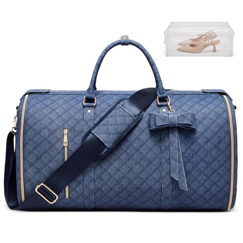 Garment Bags for Travel, Convertible Suit Travel Bag for Women, Stylish Carry On Garment Bag with Toiletry Pocket, Shoulder Strap & Shoes Compartment, 2 in 1 Foldable PU Leather Duffle Bag, Navy Blue - color: Navy Blue