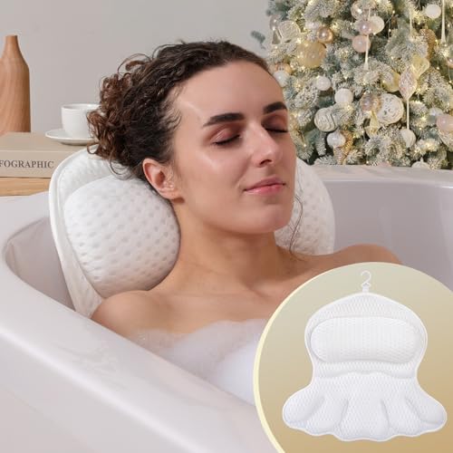 Bath Pillow Luxury Bathtub Pillow, Extra Soft & Comfortable Bath Pillows for Tub Head Neck and Back Support, with 4D Air Mesh Cushions & Non-Slip Suction Cups - Bath Accessories Spa Gifts for Women - color: White