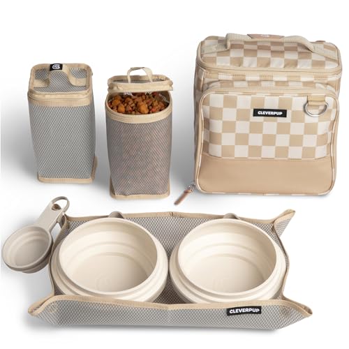 Cleverpup, Large 7-Piece Bistro Box Dog Food Travel Kit, 12-Cup Kibble Storage, 2 Silicone Bowls, Mat & Scoop - Premium Portable Pet Food Kit for Weekends, Overnights, Daycare & Camping, Checkerboard - color: Tan Checkerboard, size: Large