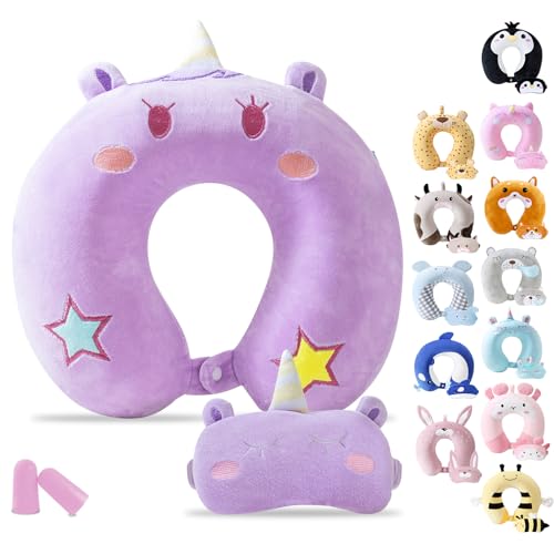 Cirorld Travel Pillow for Kids Adult Cute Neck Pillow for Traveling Memory Foam Airplane Pillow Sleep Mask Animal Flight Pillow Head Rest Neck Support for Cars Long Flights (Purple, 9-12 Y/O) - color: Purple, size: 9-12 Y/O