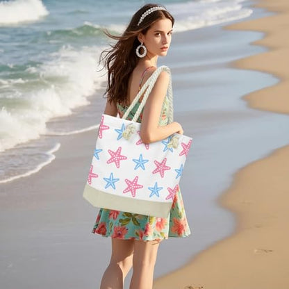 Fokongna Tote Bag For Women, Beach Bag Best Friend Travel Birthday Gifts, Travel Parties Vacation Shopping Essentials - color: Pink Blue Starfish