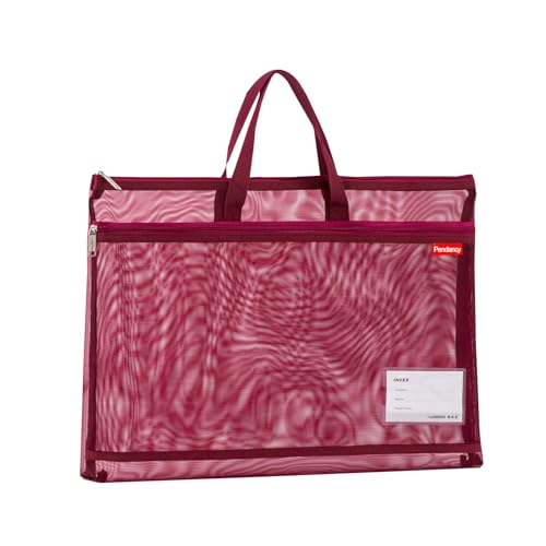 Pendancy Mesh Zipper Pouch A4 Size, Large Double Pocket Lightweight Nylon Transparent File Bag with Handle, 11x13.8 in Foldable Document Storage for Puzzle Project/Cross Stitch/Travel/Office (Red) - color: Translucent Dark Red, style: DIY Label Type A4 Si