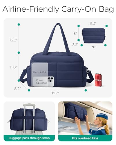 BAGSMART Gym Bag for Women, Lightweight Puffer Duffle Bag 2-PC Travel Bag, 31L Weekender Overnight Bag Quilted Carry On Tote Bag, Diaper Hospital Dance bag for Travel, Gym, Water Resistant, Navy Blue - color: Navy Blue