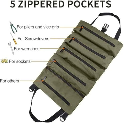 Tool Bag Roll Up,Heavt Duty Tool Organizer Portable Tool Storage Bags Waterproof Oxford Cloth-Zipper Pouch for Men Mechanic, Electricians, Repairman, Green