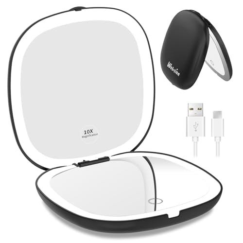 WOBSION Rechargeable Lighted Travel Makeup Mirror,1x/10x Compact Magnifying Mirror with Lights,Portable for Bag,4inch,Gift,Black - color: Black