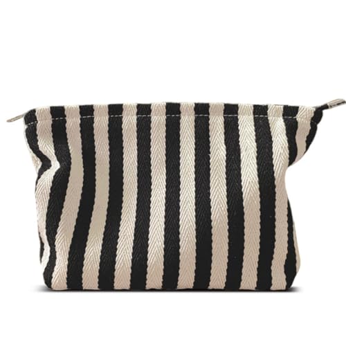HAPPYHEIDI Large Stripe Makeup Bag Cosmetic Toiletry Travel Pouch, Purse Organizer, Canvas Lined, Black White, Large - color: Classic Black White Stripes Large