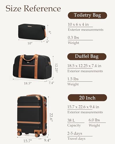 LONG VACATION Carry On Luggage Set 3 Piece, 20 Inch ABS+PC Hardshell Carry on Suitcase with Spinner Wheels TSA Lock & YKK Zipper - color: Black Brown, size: 3 Piece Set (20 Inch)