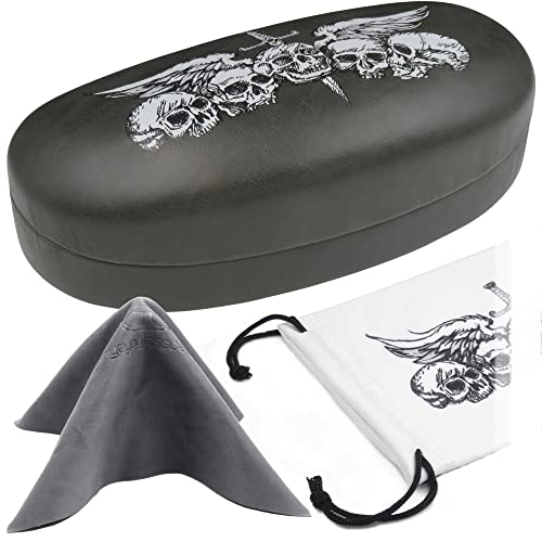MyEyeglassCase Hard Sunglasses case - Women Glasses Case Holder - Large Durable Eyeglass Case Hard Shell with Pouch & Cloth - color: Skulls Grey