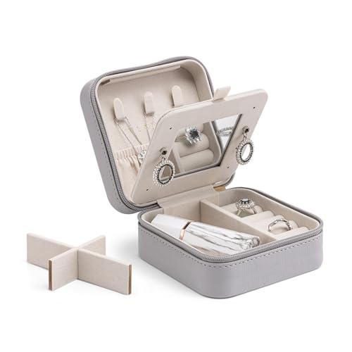 Vlando Small Travel Jewelry Box Organizer - Mirrored Jewelries Necklaces Rings Earrings Necklace Storage Case, Gray - color: a. Gray