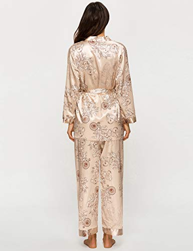 Escalier Women's Silk Satin Pajamas Set 3 Pcs Floral Silky Pj Sets Sleepwear Cami Nightwear with Robe and Pant - color: Camel, size: Medium