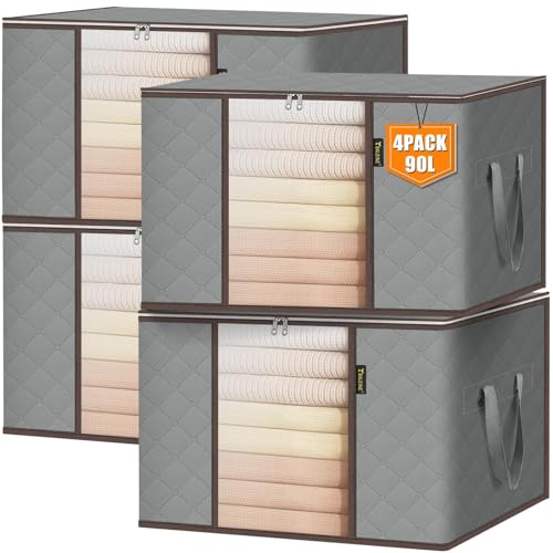 BALEINE 4 Pack Clothes Storage Bags, 24 Gallon Storage Containers with Reinforced Handle, Sturdy Zipper, Closet Organizer for Blanket, Comforter, Pillow, Bedding (Grey, 4 Pack) - color: Grey, size: 4 Pack-24 Gallon