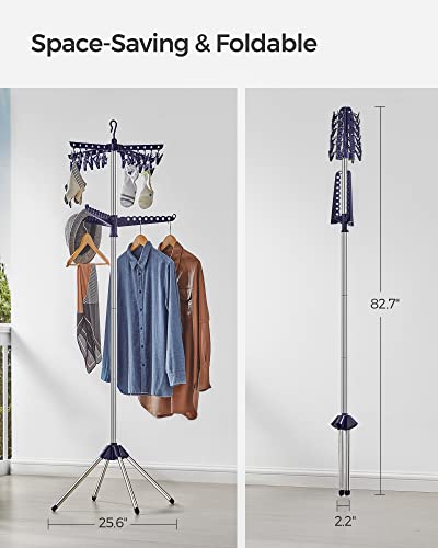 SONGMICS 2-Tier Clothes Drying Rack, 72-Inch Folding Laundry Drying Rack with 3 Rotatable Arms for Hangers, 24 Clips, Stainless Steel, for 27 Pieces of Clothes, Blue and Silver ULLR512Q01 - color: Blue + Silver, style: 2-Tier-Clip