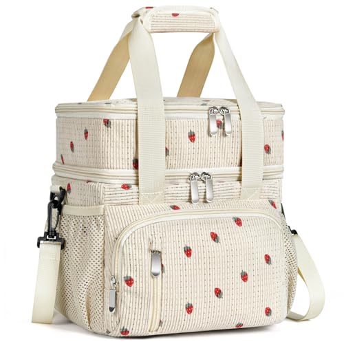 Insulated Lunch Bag for Men & Women, Double Leakproof Lunch Box Soft Cooler Tote with 5 Pockets, 600D Oxford, EVA Lining, Adjustable Strap for Work, Picnic- Corduroy Cue Strawberry - color: Corduroy Strawberry, size: Double