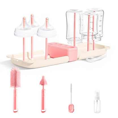 Travel Bottle Washing Kit with Storage Case, 7-in-1 Baby Travel Bottle Cleaner Kit for Travel and Home, All-in-One Baby Bottle Brush Set with Drying Rack for Bottles and Breast Pump Parts (Pink) - color: Pink