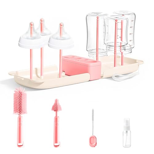 Travel Bottle Washing Kit with Storage Case, 7-in-1 Baby Travel Bottle Cleaner Kit for Travel and Home, All-in-One Baby Bottle Brush Set with Drying Rack for Bottles and Breast Pump Parts (Pink) - color: Pink