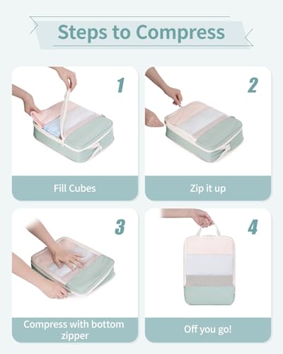 Narwey 6 Set Compression Packing Cubes for Travel Women Men, Travel Cubes for Carry On Suitcase, Durable Compression Luggage Organizer Bags - color: Mint Green