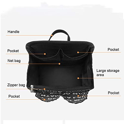 Waterproof Backpack Handbag with Zipper Portable Cosmetic Bag Insert Nylon Inner Bag Organizer(Black Letter) - color: Black Letter
