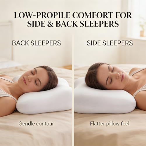 Low-Profile Cervical Memory Foam Pillow for Side & Back Sleepers, Ergonomic Neck Support, Cool-Touch Cover, Gentle Contour Design, Thin Zip Spacer Pouch & Sleep Eye Mask Included